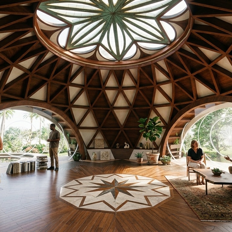 Sala con piso de flor de la vida y meditación
